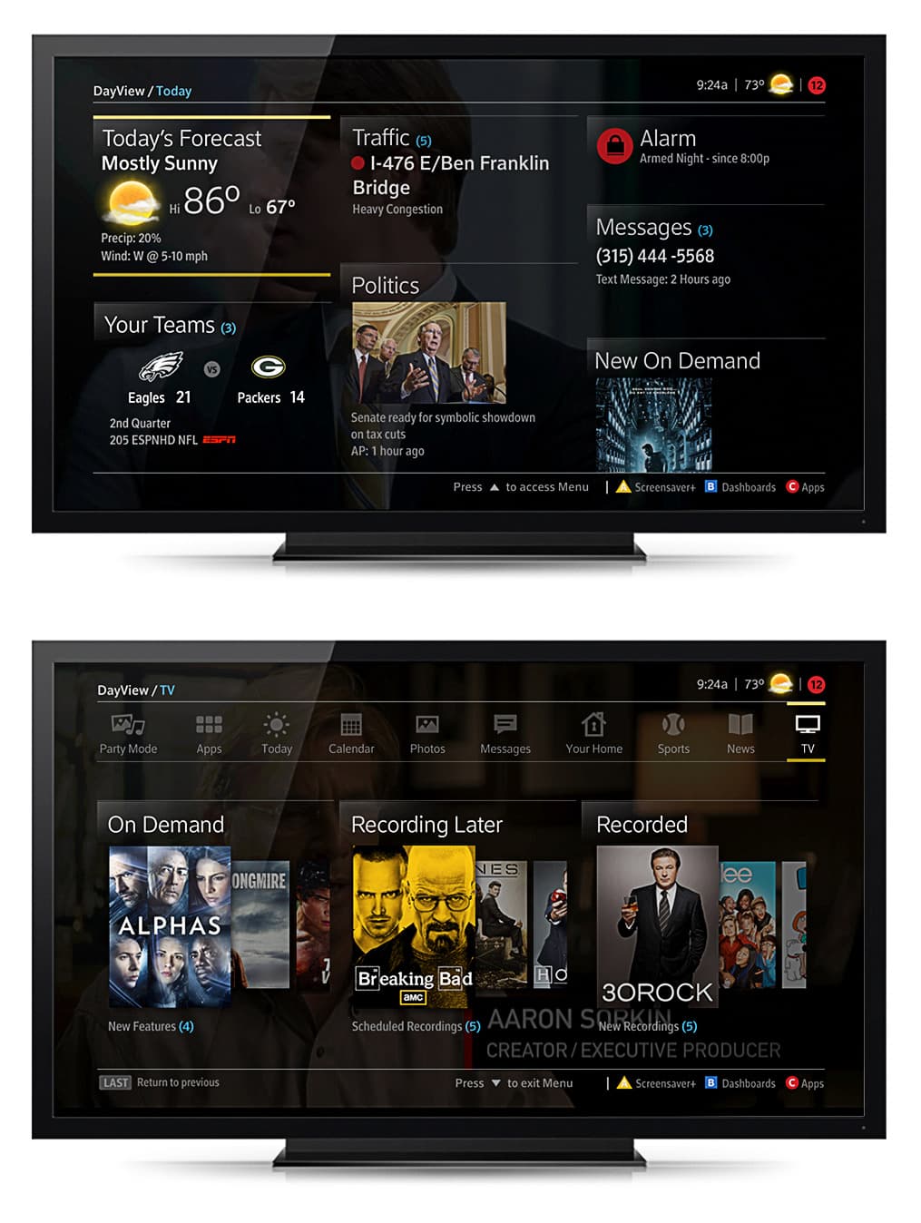 Comcast branded smart TV interface with user dashboard