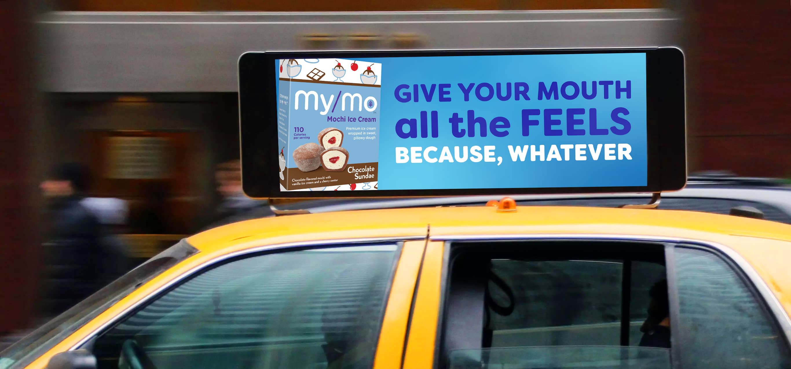 My/Mo mochi ice cream motion graphics on NYC taxi top digital display